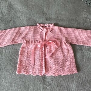 Handmade Hand Knit Pink Baby Sweater 0-6 months Cardigan Adorable Satin Ribbon